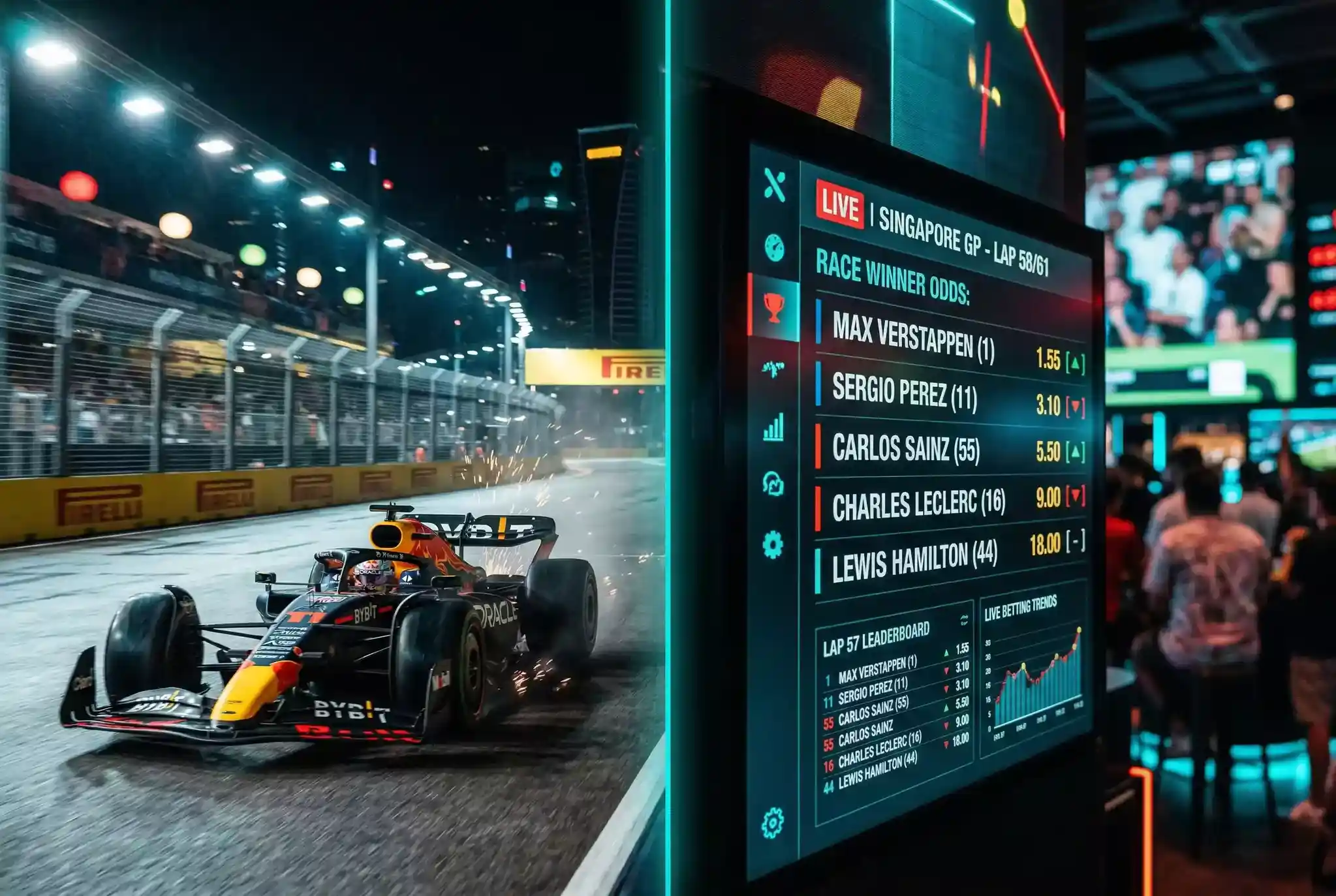 Pantalla de apuestas en vivo durante un Gran Premio de Fórmula 1 con cuotas actualizándose en tiempo real