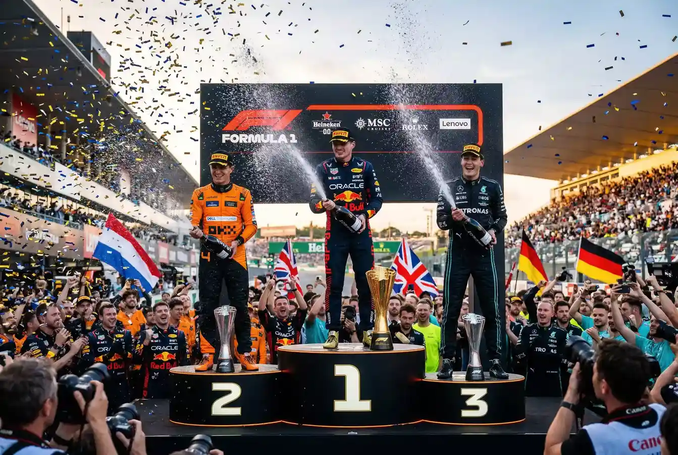 Tres pilotos de F1 celebrando en el podio con champan y trofeos