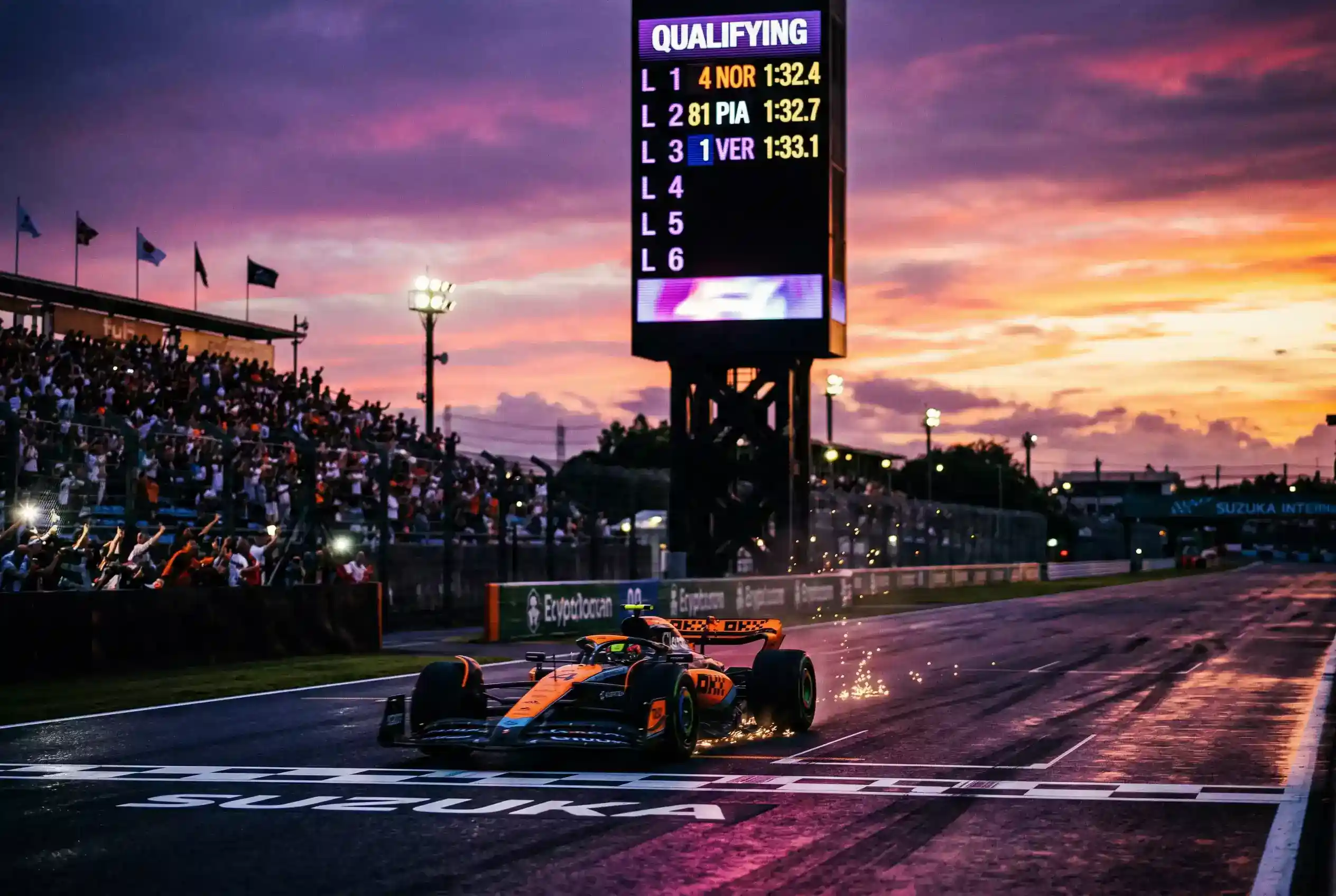 Coche de Fórmula 1 cruzando la línea de meta en clasificación para lograr la pole position