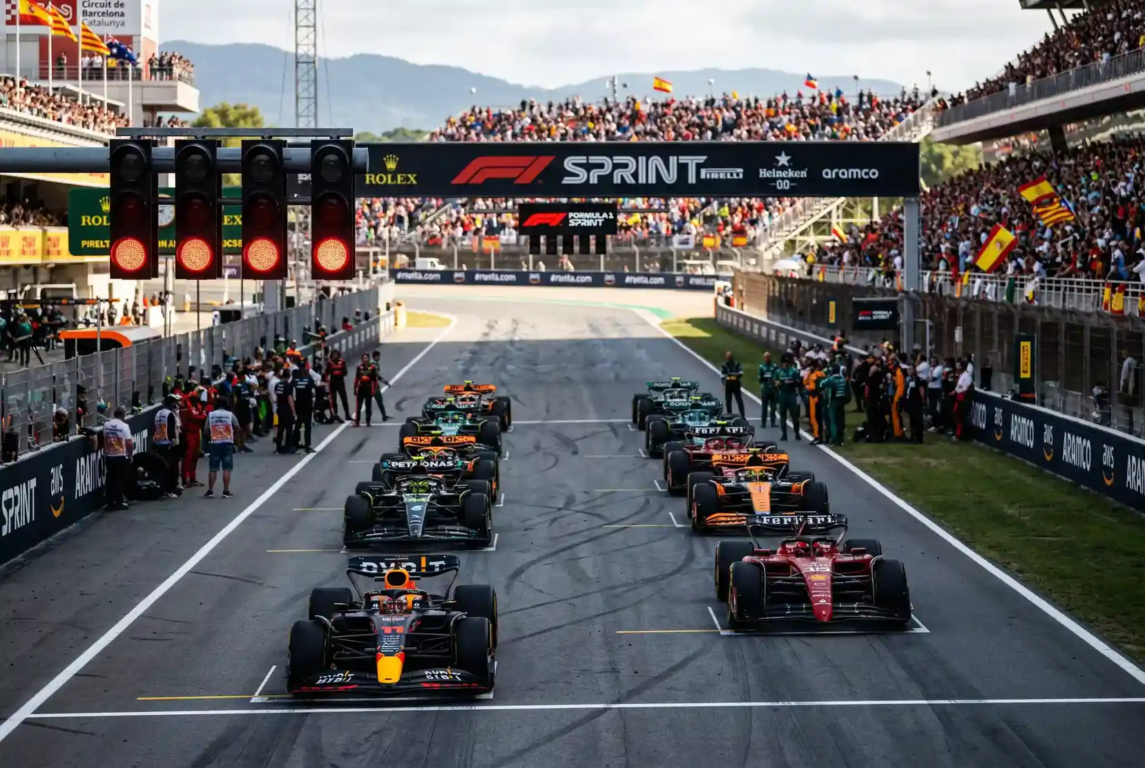 Parrilla de salida de carrera sprint F1 con coches alineados para 100km
