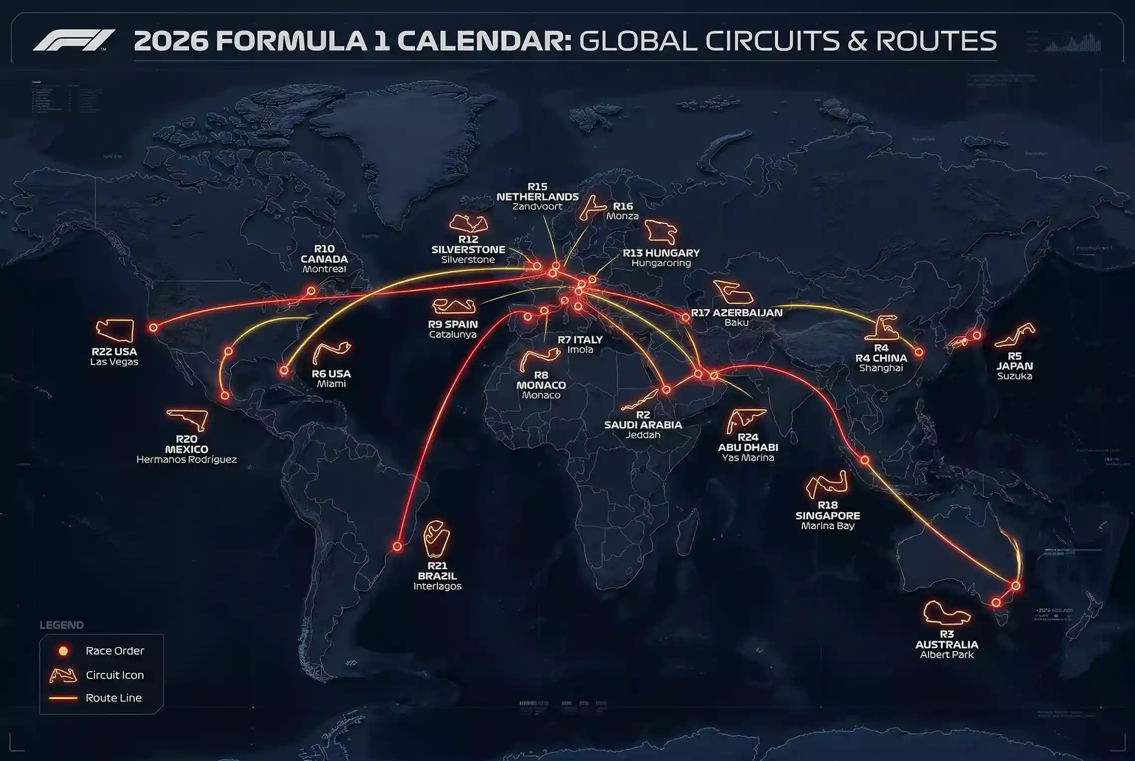 Calendario de la temporada 2026 de Fórmula 1 con 24 Grandes Premios