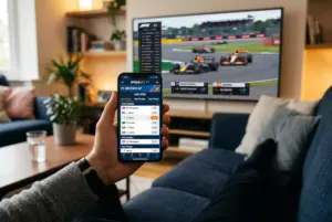 Pantalla de movil mostrando mercados de apuestas F1 con carrera de fondo