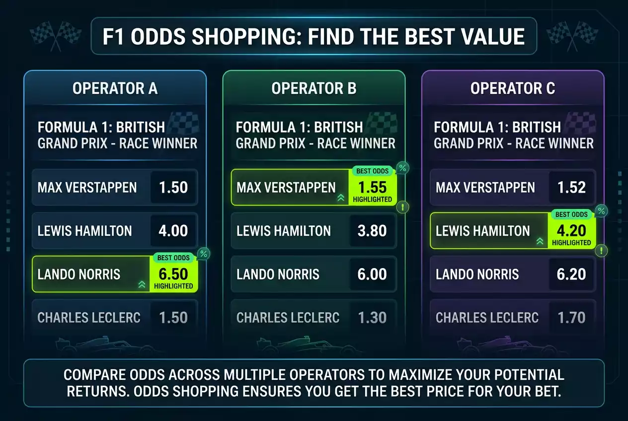 Pantallas mostrando diferentes cuotas de apuestas F1 en varios operadores