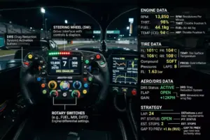 Pantalla de telemetria F1 con datos técnicos y terminologia del deporte