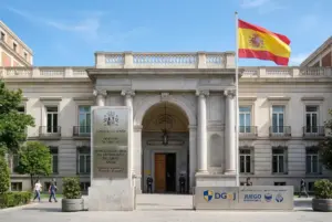 Edificio de la DGOJ con bandera española y simbolos de regulación de juego